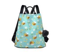 Bonita mochila turquesa con diseño de abejas de dibujos animados, mochila moderna con cremallera trasera, almacenamiento de múltiples bolsillos y asa de cuero