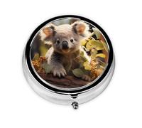 Bonita planta de koala. Este pequeño pastillero redondo impreso es un organizador portátil de píldoras y vitaminas, perfecto para bolsillos, bolsos y viajes.
