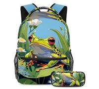 Bonita rana y flor da rienda suelta a tu estilo con este juego de 2 mochilas escolares, mochila con estuche para estudiantes, multicolor, B：29.4x20x40cm P：19x7.5x3.8cm, Mochilas de día