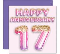 Bonita tarjeta de 17 aniversario para esposa, novia, marido, novio, globos de purpurina rosa y morada, tarjetas de felicitación de 17 aniversario de la familia, tarjetas de felicitación de 145 mm para