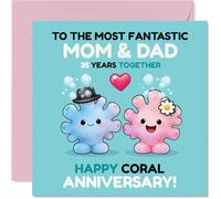 Bonita tarjeta de 35 aniversario para mamá y papá, celebrando 35 años de amor, adorables personajes de coral en un alegre diseño azul y rosa, cuadrado de 145 mm, sobre incluido