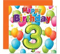 Bonita tarjeta de 3er cumpleaños - Bursting with Birthday Cheer - Diseño colorido de globos y estrellas - Diversión brillante para su día especial - Cuadrado de 145 mm, sobre incluido