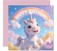 Bonita tarjeta de 4º cumpleaños - Espolvorea algo de magia de cumpleaños - Unicornio caprichoso y arco iris rodeado de nubes pastel - Seguro que iluminará el gran día - cuadrado de 145 mm, sobre