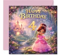 Bonita tarjeta de 4º cumpleaños - Make Her Day Sparkle - Princesa caprichosa con un vestido rosa, castillo mágico y mariposas - perfecta para deseos de cumpleaños - cuadrada de 145 mm, sobre incluido