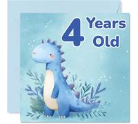 Bonita tarjeta de 4º cumpleaños - Rawrsome Wishes for a Big Birthday - Acuarela azul dinosaurio con exuberante follaje - 145 mm cuadrada, sobre incluido