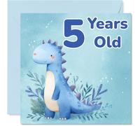 Bonita tarjeta de 5º cumpleaños - Roarsome Fun for Their Big Day - Acuarela azul dinosaurio rodeado de follaje frondoso - 145 mm cuadrado, sobre incluido