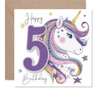 Bonita tarjeta de 5º cumpleaños - unicornio brillante mágico para su gran día - estrellas vibrantes y número audaz 5 en rosa vivo y dorado - cuadrado de 145 mm, sobre incluido