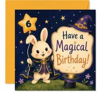 Bonita tarjeta de 6º cumpleaños - Conejo mago caprichoso trae magia de cumpleaños - Globo de estrella con número 6 y estrellas brillantes - cuadrado de 145 mm, sobre incluido
