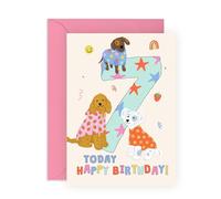 Bonita tarjeta de 7º cumpleaños con texto en inglés "Dogs 7 Birthday", regalos para hijos, hija, niños, niñas, niños, sobrina, sobrino, camisas de perro, viene con divertidas calcomanías