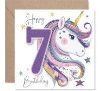 Bonita tarjeta de 7º cumpleaños - Deseos mágicos de séptimo cumpleaños - Unicornio caprichoso y oro brillante 7 con detalles rosados, morados y estrellas - cuadrado de 145 mm, sobre incluido