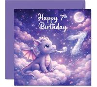 Bonita tarjeta de 7º cumpleaños, escena caprichosa de dragón y nubes, diseño mágico de séptimo cumpleaños, lleno de colores juguetones, cuadrado de 145 mm, sobre incluido