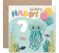 Bonita tarjeta de 7º cumpleaños - Haz un chapoteo con adorable diversión de medusas - Escena subacuática pastel con globos y criaturas marinas - cuadrado de 145 mm, sobre incluido