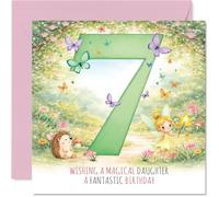 Bonita tarjeta de 7º cumpleaños para hija, llena de magia de cumpleaños, hada, erizo y escena de la naturaleza con número siete atrevido, cuadrado de 145 mm, sobre incluido