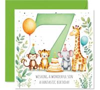 Bonita tarjeta de 7º cumpleaños para hijo, escena alegre de fiesta de animales con globos y pastel, número 7 grande y colorido en verde, cuadrado de 145 mm, sobre incluido