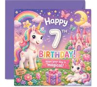 Bonita tarjeta de 7º cumpleaños, unicornios caprichosos y arco iris, castillo mágico y estrellas pastel con mariposas, cuadrada de 145 mm, sobre incluido
