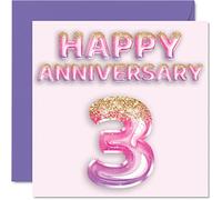 Bonita tarjeta de aniversario de cuero para esposa, novia, marido, novio, globos de purpurina rosa y morada, tarjetas de feliz tercer aniversario de la familia, tarjetas de felicitación de 145 mm para