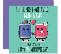 Bonita tarjeta de aniversario de estaño para mamá y papá, 10 años juntos, tarjetas de felicitación de 10 aniversario de boda para papá y mamá, tarjetas de felicitación de 145 mm x 145 mm para décimo