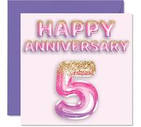 Bonita tarjeta de aniversario de madera para esposa, novia, marido, novio, globos de purpurina rosa y morado, tarjetas de felicitación de 5º aniversario de la familia, tarjetas de felicitación de 145