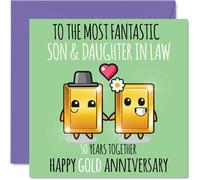 Bonita tarjeta de aniversario dorada para yerno y nuera, 50 años juntos, tarjetas de felicitación de 50 aniversario de boda para nuera, hijo, tarjetas de felicitación de 145 mm x 145 mm para cincuenta
