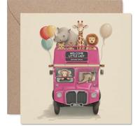 Bonita tarjeta de bebé - All Aboard the Celebration Bus - Rosa de doble piso llena de animales bebés y globos - 145 mm cuadrada, sobre incluido