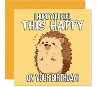 Bonita tarjeta de cumpleaños - Bursting with Birthday Cheer - Adorable feliz erizo en amarillo brillante - Garantizado para hacer sonreír a cualquier persona - Cuadrado de 145 mm, sobre incluido