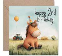 Bonita tarjeta de cumpleaños de 2º cumpleaños - Rebosante de alegría de cumpleaños - Sombrero de fiesta caballo en una escena de granja pastel - perfecta para los más pequeños amantes de los animales