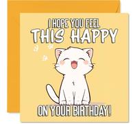 Bonita tarjeta de cumpleaños, diseño de gato sonriente sobre fondo amarillo brillante, para levantar el estado de ánimo de cualquier persona, cuadrado de 145 mm, sobre incluido
