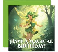 Bonita tarjeta de cumpleaños, espolvorea algo de magia de cumpleaños, hada caprichosa en un bosque encantado, diseño alegre para encantar cualquier celebración, cuadrado de 145 mm, sobre incluido