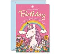 Bonita tarjeta de cumpleaños - Espolvorea algo de magia en su día - Unicornio caprichoso, arco iris y flores en colores alegres - Garantizado para levantar una sonrisa - A5, sobre incluido