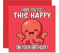 Bonita tarjeta de cumpleaños - Ilumina su gran día - alegre diseño de pulpo de dibujos animados rosa - Eleva con alegres vibraciones de cumpleaños - cuadrado de 145 mm, sobre incluido