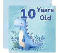 Bonita tarjeta de cumpleaños número 10 - Diversión de cumpleaños rugoso - Dinosaurio de acuarela azul rodeado de exuberante follaje - cuadrado de 145 mm, sobre incluido