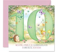 Bonita tarjeta de cumpleaños número 10 para nieta, escena mágica de hada y erizo con mariposas, diversión de cumpleaños caprichosa para un día especial, cuadrada de 145 mm, sobre incluido