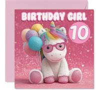 Bonita tarjeta de cumpleaños número 10 - Unicornio divertido para una chica especial - Globos coloridos y fondo rosa brillante - Rebosante de alegría de cumpleaños - Cuadrado de 145 mm, sobre incluido