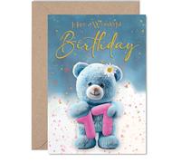 Bonita tarjeta de cumpleaños número 17 - Bursting with Birthday Cheer - Oso de peluche azul sosteniendo un confeti rosa 17 en medio de oro - 5 x 7 pulgadas, sobre incluido
