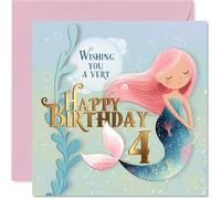 Bonita tarjeta de cumpleaños número 4, diseño de sirena caprichosa en tonos pastel de ensueño, seguro que deleitará a cualquier pequeña estrella de cumpleaños, cuadrada de 145 mm, sobre incluido