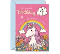 Bonita tarjeta de cumpleaños número 4 - Make Her Day Sparkle - Unicornio caprichoso, arco iris y flores en rosas mágicos - lleno de alegres deseos de cumpleaños - A5, sobre incluido