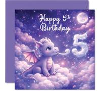 Bonita tarjeta de cumpleaños número 5 - Dragón de ensueño en nubes esponjosas - divertida escena pastel con «Happy 5th Birthday» - Toque mágico para un hito especial - cuadrado de 145 mm, sobre
