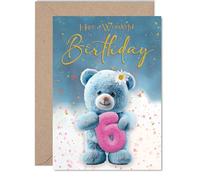 Bonita tarjeta de cumpleaños número 6 - Bursting with Birthday Cheer - Adorable oso de peluche azul abraza rosa número 6 - Garantizado para hacerlos sonreír - 5 x 7 pulgadas, sobre incluido