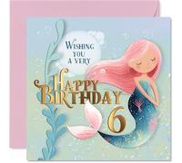 Bonita tarjeta de cumpleaños número 6 - Make a Splash on Their Special Day - Sirena alegre en rosa pastel y azul con detalles burbujeantes bajo el agua - cuadrado de 145 mm, sobre incluido