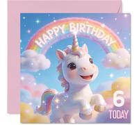 Bonita tarjeta de cumpleaños número 6 - Unicornio mágico bailando bajo un arco iris pastel - diseño alegre lleno de brillo de cumpleaños - cuadrado de 145 mm, sobre incluido