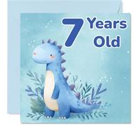 Bonita tarjeta de cumpleaños número 7 - Deseos de cumpleaños rugosos - Amable dinosaurio azul en acuarela entre follaje exuberante - seguro que deleitará a cualquier pequeño fan de dinosaurio