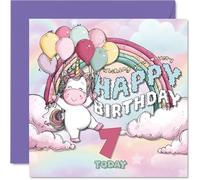 Bonita tarjeta de cumpleaños número 7 - Feliz séptimo cumpleaños - Adorable unicornio con globos pastel y arco iris - seguro que deleitará a cualquier joven soñador - Cuadrado de 145 mm, sobre