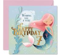 Bonita tarjeta de cumpleaños número 7 - Make a Splash at Seven - Sirena caprichosa en rosa pastel y azul - Diversión mágica de cumpleaños para pequeños soñadores - Cuadrado de 145 mm, sobre incluido