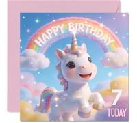 Bonita tarjeta de cumpleaños número 7, unicornio mágico y escena del arco iris, nubes pastel con un motivo alegre de 7 hoy, cumpleaños con dije caprichoso, cuadrado de 145 mm, sobre incluido