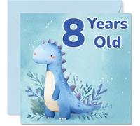 Bonita tarjeta de cumpleaños número 8 - Deseos de cumpleaños de dinosaurio ácaro - Dinosaurio de acuarela azul juguetón entre follaje frondoso - cuadrado de 145 mm, sobre incluido