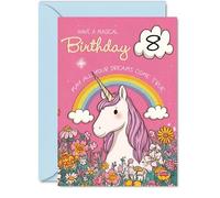 Bonita tarjeta de cumpleaños número 8 - Sprinkle a Little Magic - Diseño caprichoso de unicornio, arco iris y flores - lleno de colores alegres y brillo - 5 x 7 pulgadas, sobre incluido