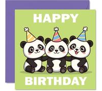 Bonita tarjeta de cumpleaños - Pandas de fiesta trae alegría de cumpleaños - Trío de adorables osos con sombreros coloridos - Seguro que iluminará su día especial - cuadrado de 145 mm, sobre incluido