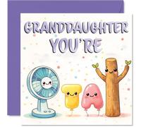 Bonita tarjeta de cumpleaños para nieta, llena de alegría de cumpleaños, adorable abanico de dibujos animados, palo y formas en morado pastel, cuadrada de 145 mm, sobre incluido