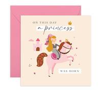 Bonita tarjeta de cumpleaños para niña, nacida una princesa, pony y castillo, regalos para ella, hija, hermana, niñas, hijastra, suegra, mujeres, damas, todas las edades, niños, viene con divertidas