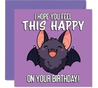 Bonita tarjeta de cumpleaños - Rebosante de alegría de cumpleaños - Murciélago de dibujos animados en morado vibrante - Seguro que levantará el espíritu de cualquier persona - cuadrado de 145 mm